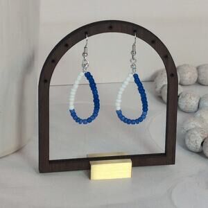 Fun-Loving Vintage 1980s Blue & White Seed Bead Teardrop-Shaped Dangle Earrings